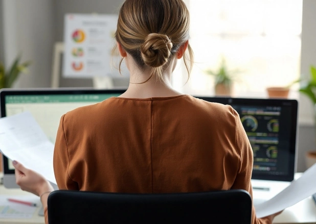 Žena sedí u počítače a pracuje na marketingové analýze