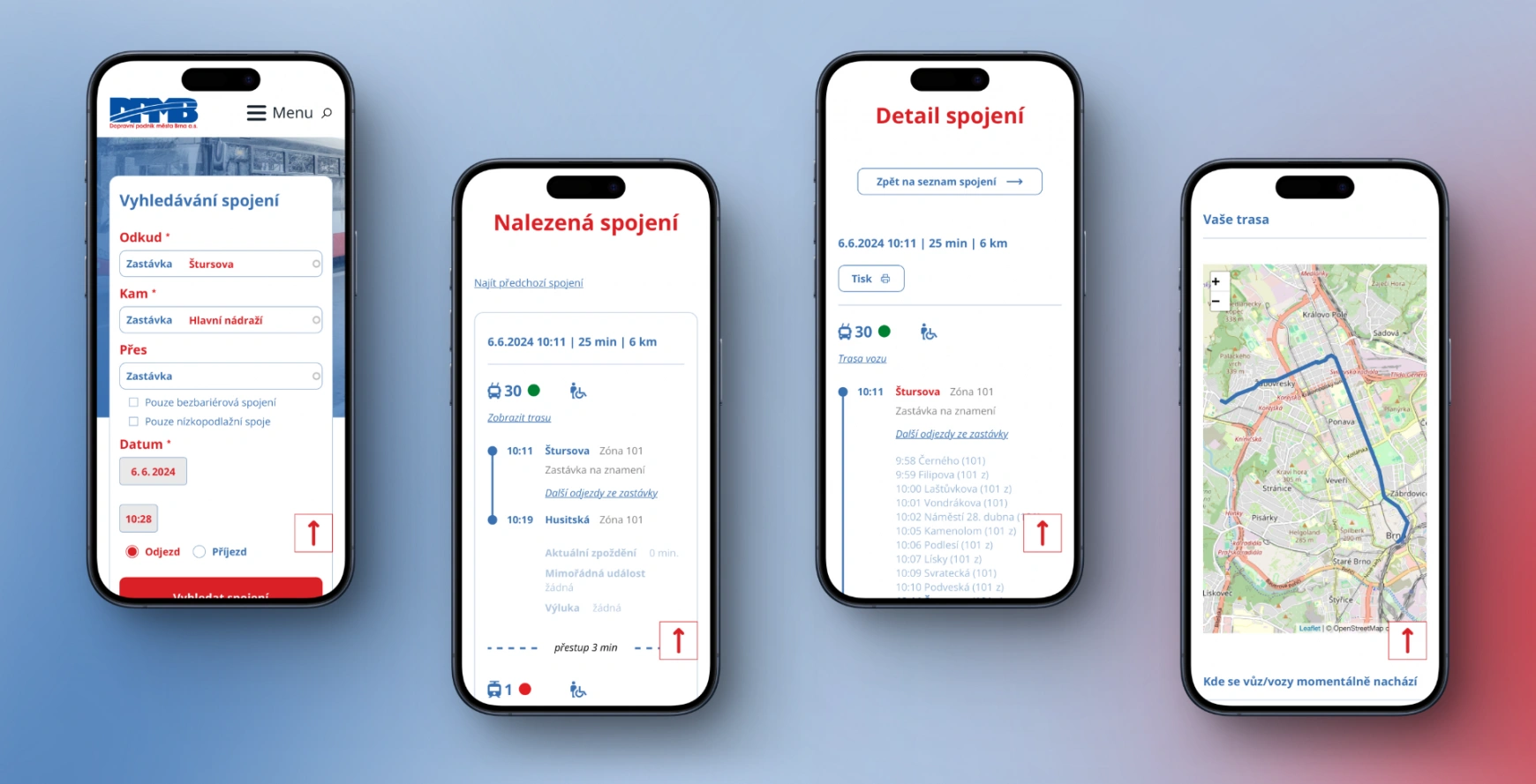 Ukázka vyhledávání spojů na mobilním zařízení DPMB
