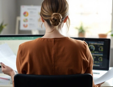 Žena sedí u počítače a pracuje na marketingové analýze